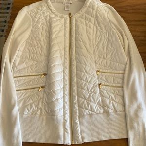 Cache brand Winter white quilted front, gold zippered jacket. Size large